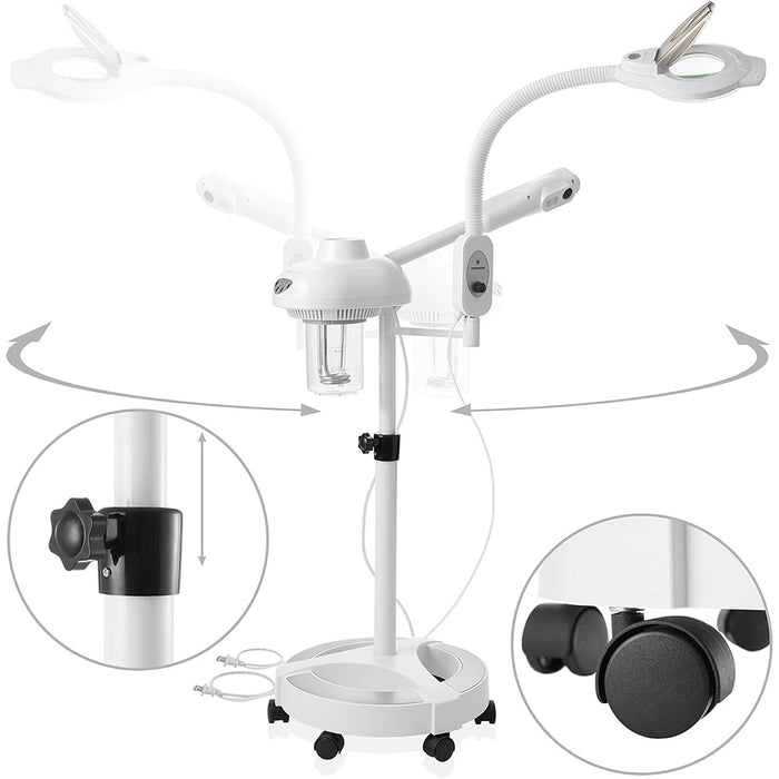 Professional Ionic Facial Steamer with LED Magnifying Lamp - Ozone Facial Steamer with Rolling Base for Esthetician Spa and Salon