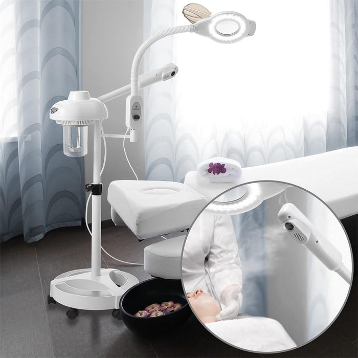 Professional Ionic Facial Steamer with LED Magnifying Lamp - Ozone Facial Steamer with Rolling Base for Esthetician Spa and Salon