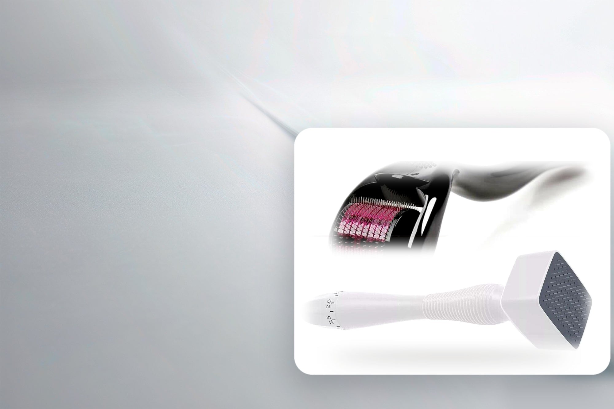Derma stamp and micro needle roller on a white showcase card