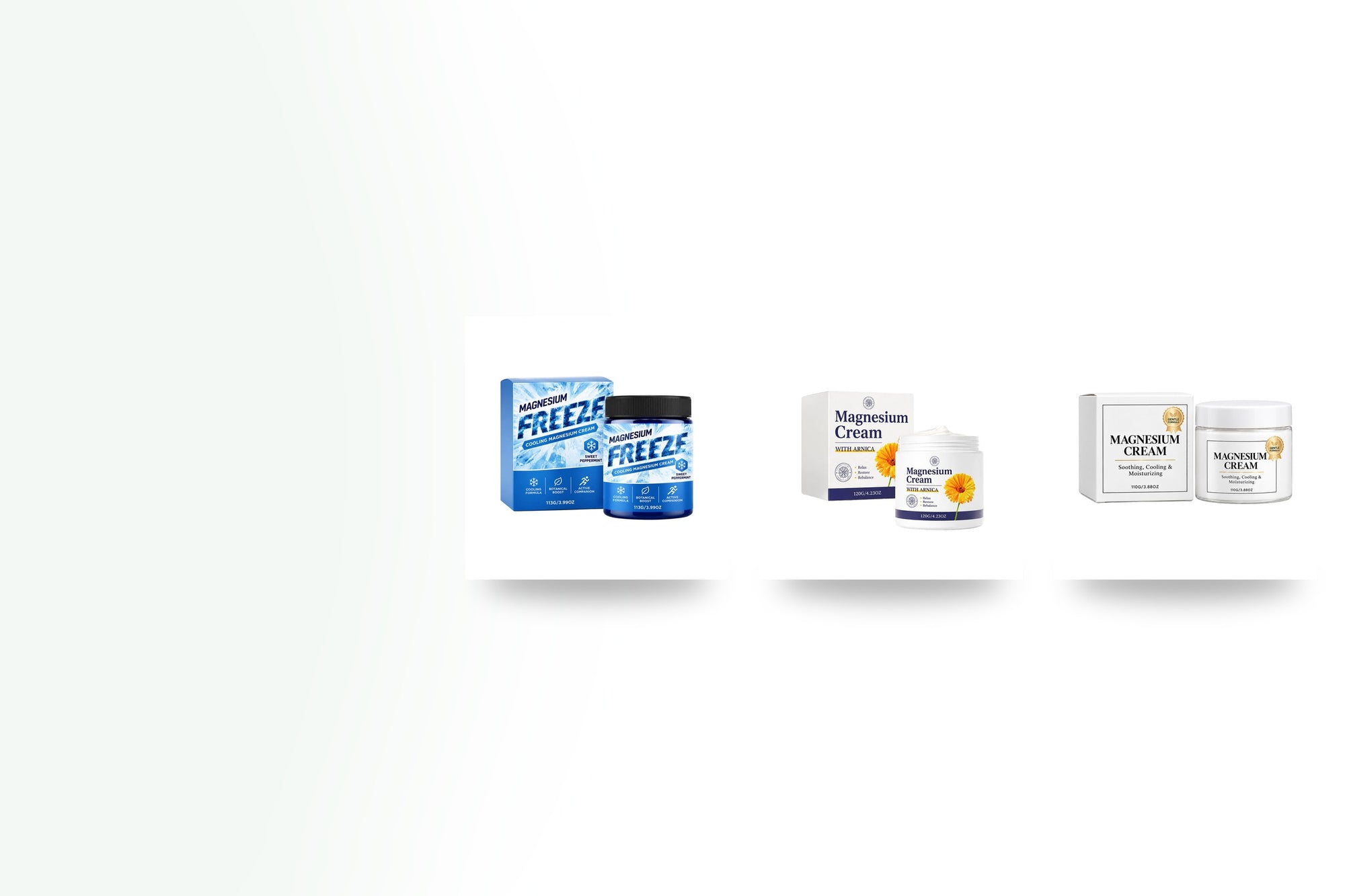 Cooling, soothing and night-time magnesium body creams on white