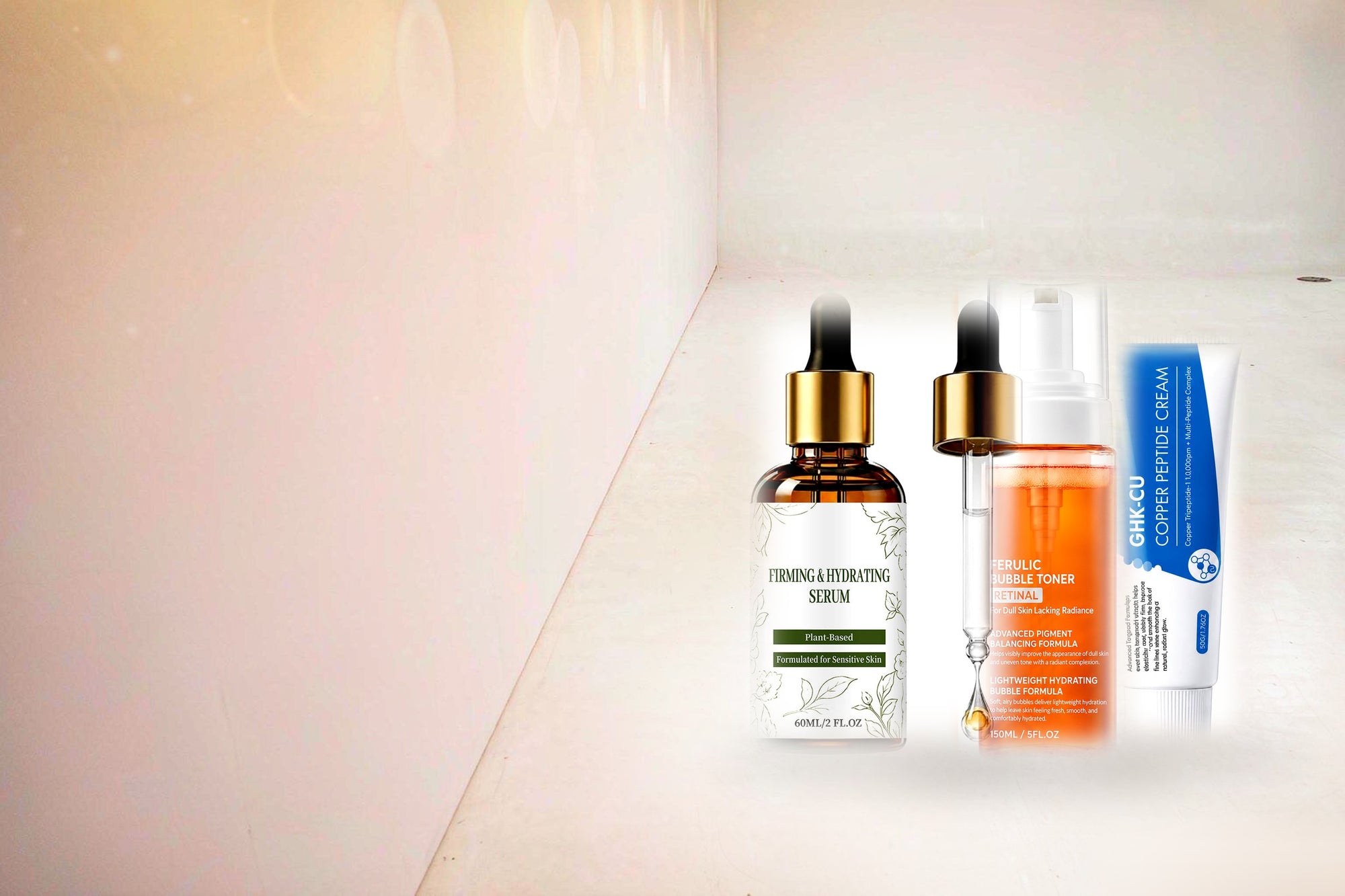 Firming serum, bubble toner and copper peptide cream in a warm studio scene